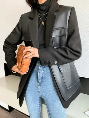 Leather Patchwork Turn-down Collar Temperament Pocket Single Breasted