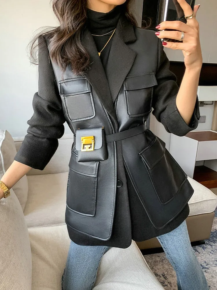 Leather Patchwork Turn-down Collar Temperament Pocket Single Breasted