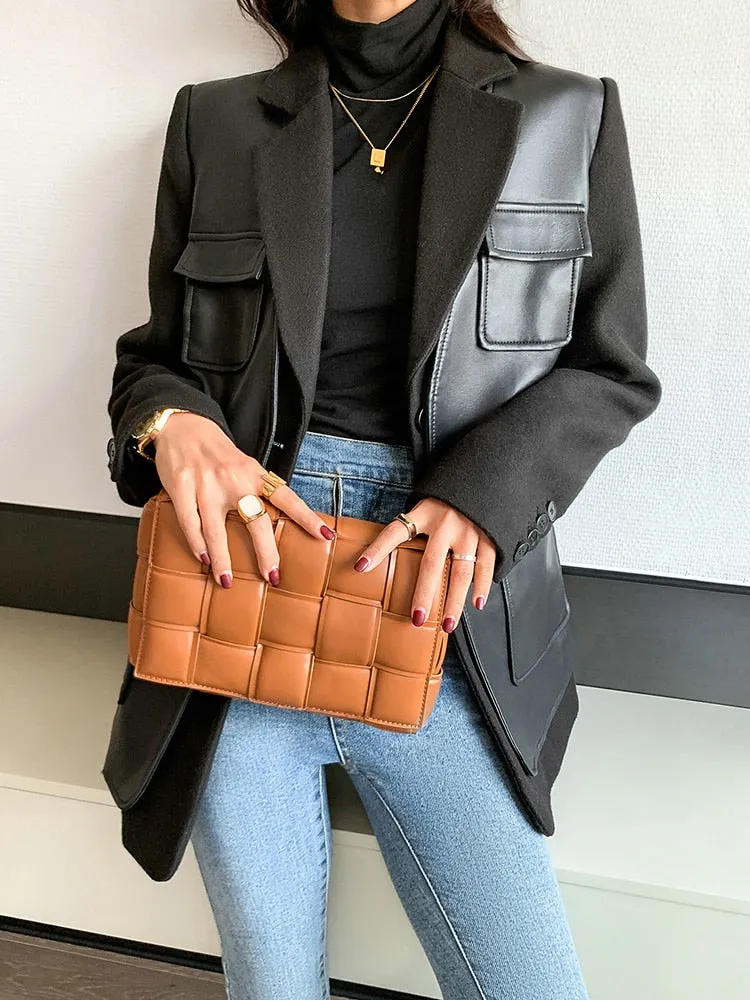 Leather Patchwork Turn-down Collar Temperament Pocket Single Breasted