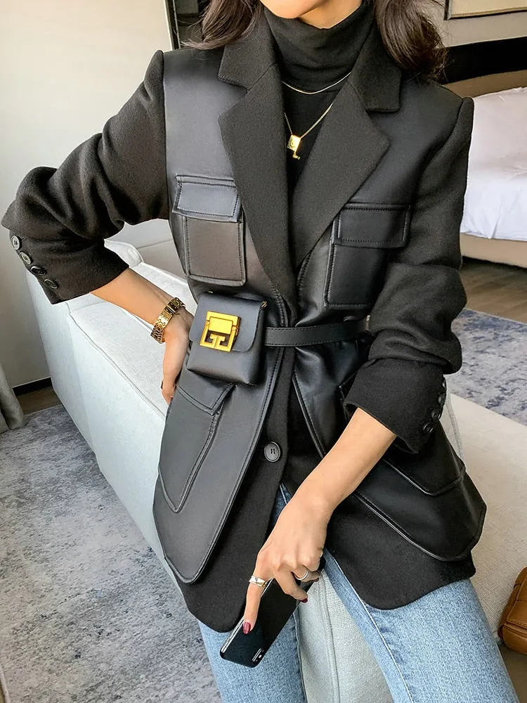 Leather Patchwork Turn-down Collar Temperament Pocket Single Breasted