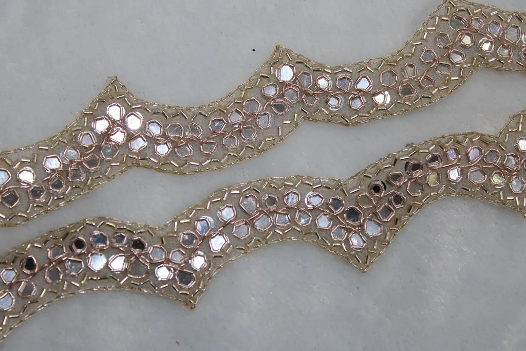 Light Golden Mirror and Beads Work Embroidered Border