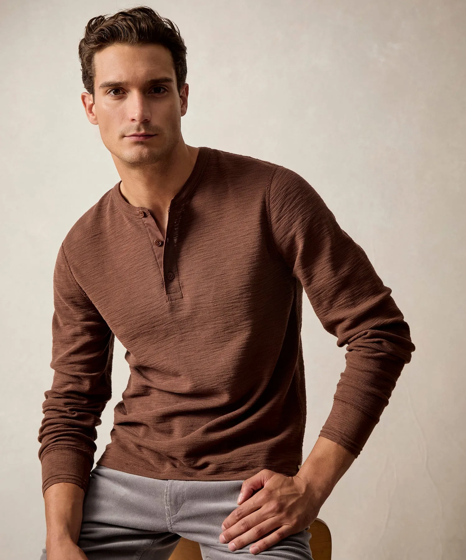 Lightweight Mini Waffle Henley in Toasted Brown