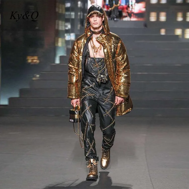 Luxury Gold Sequined Hooded Straight Tube Overcoat Fashion Cotton Jacket runway Party Coat