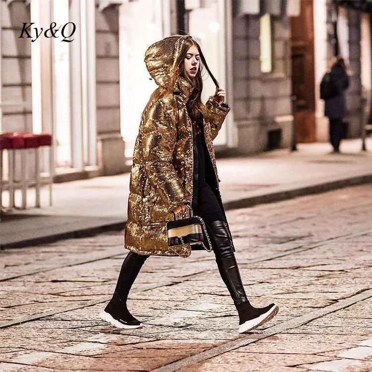 Luxury Gold Sequined Hooded Straight Tube Overcoat Fashion Cotton Jacket runway Party Coat