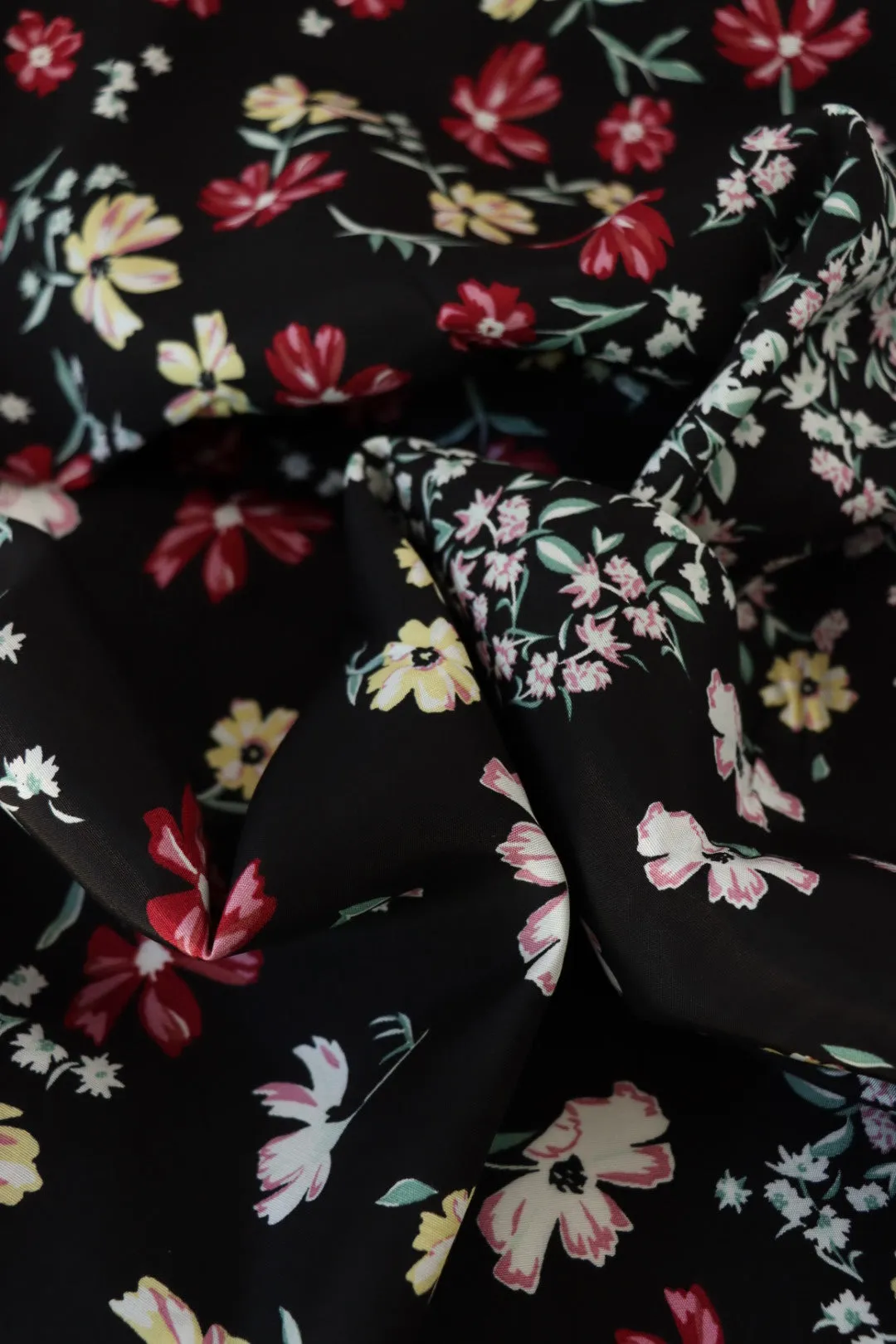 Lydia Floral on Black Viscose Satin