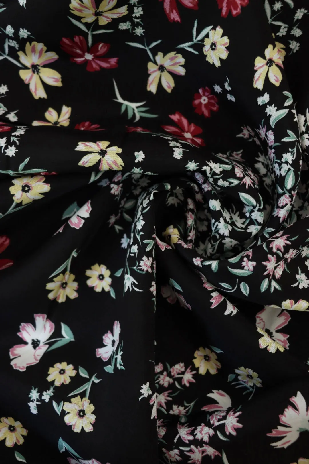 Lydia Floral on Black Viscose Satin