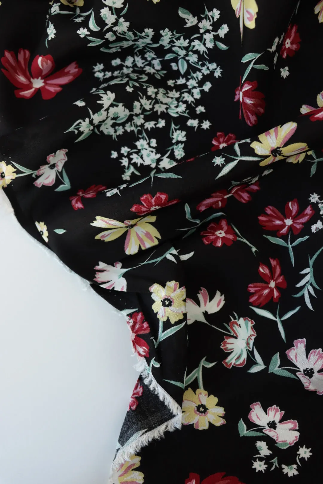 Lydia Floral on Black Viscose Satin