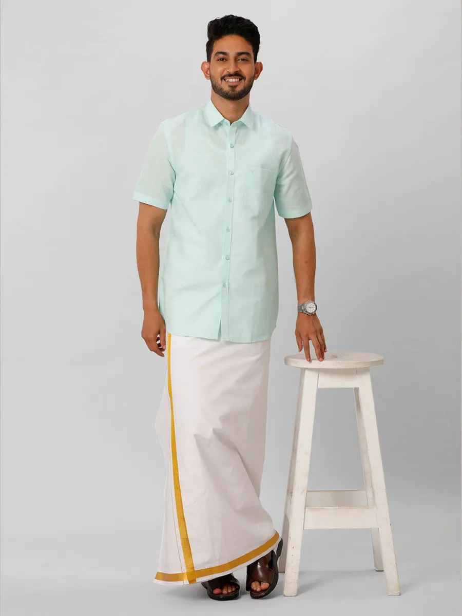 Men Linen Cotton Half Sleeves Shirt Light Blue LF1