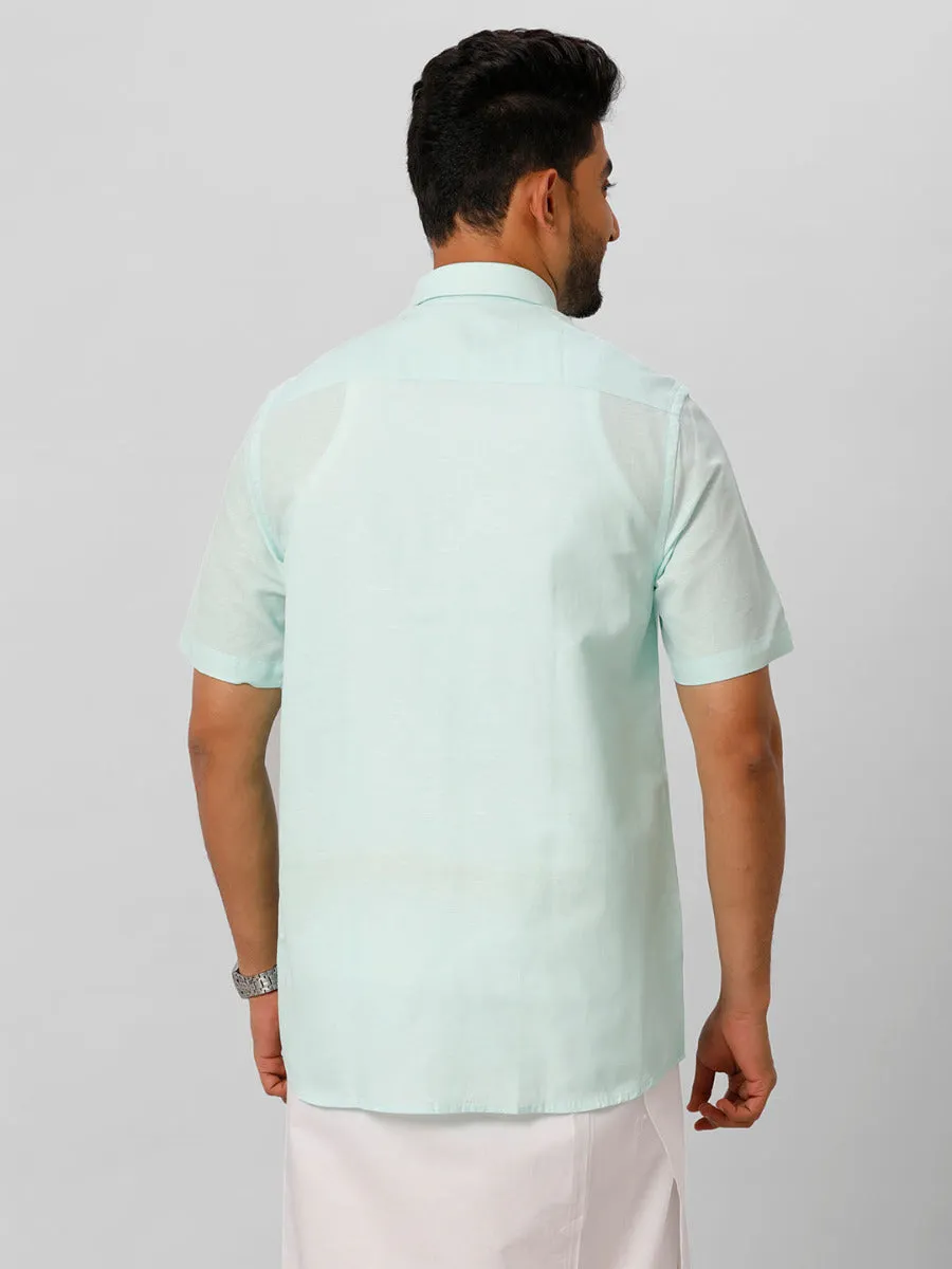 Men Linen Cotton Half Sleeves Shirt Light Blue LF1