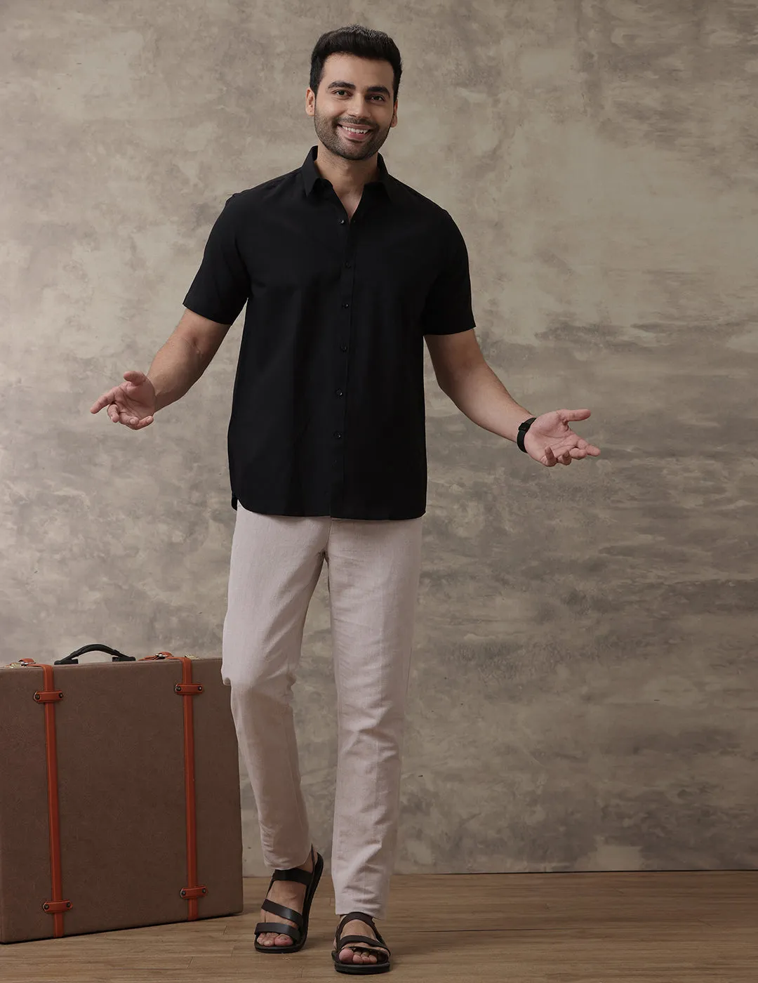 Men Linen Cotton Shirt Black LF18