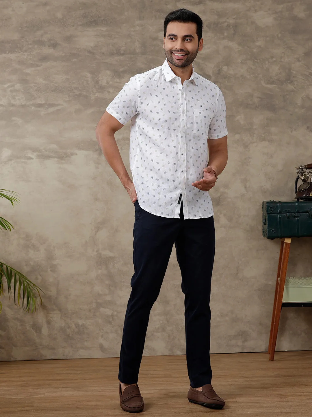 Men Pure Linen Printed Shirt White - LS68