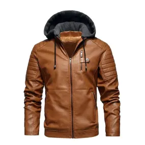 Men's Hooded Leather Windbreaker, Chic bomber Jackets