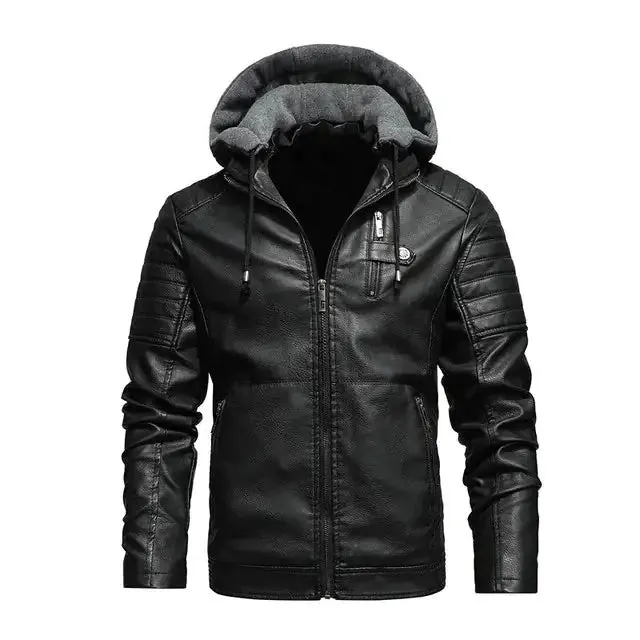 Men's Hooded Leather Windbreaker, Chic bomber Jackets