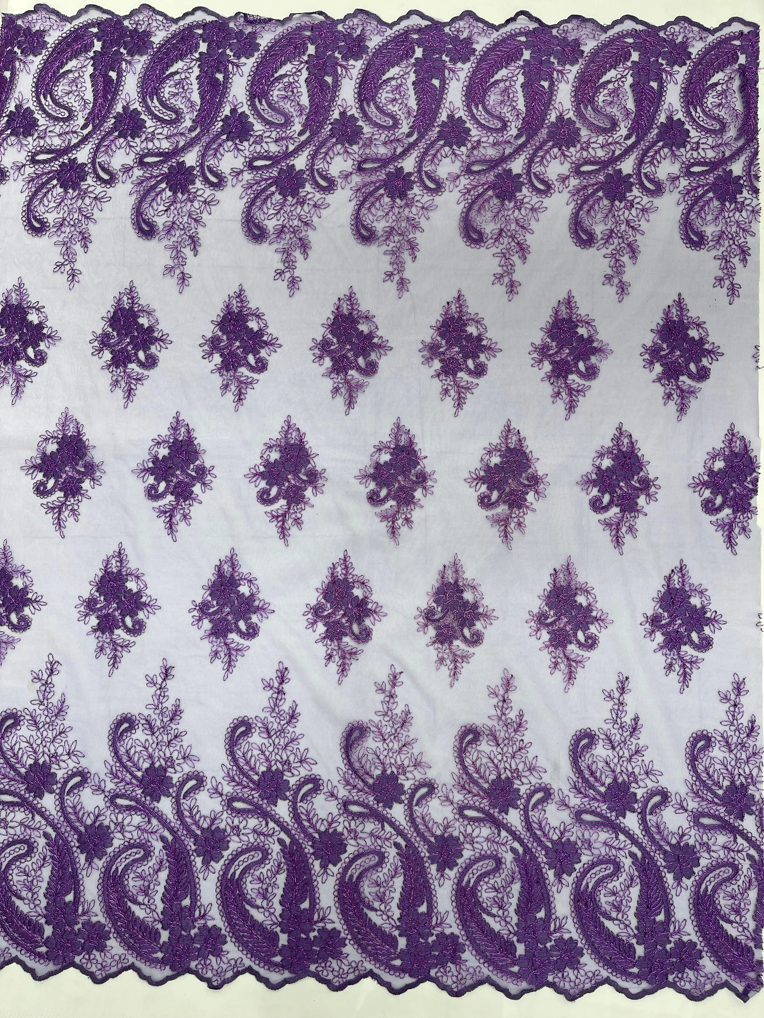 Metallic corded embroider flowers with Paisley design on a mesh lace fabric-prom
