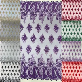 Metallic corded embroider flowers with Paisley design on a mesh lace fabric-prom