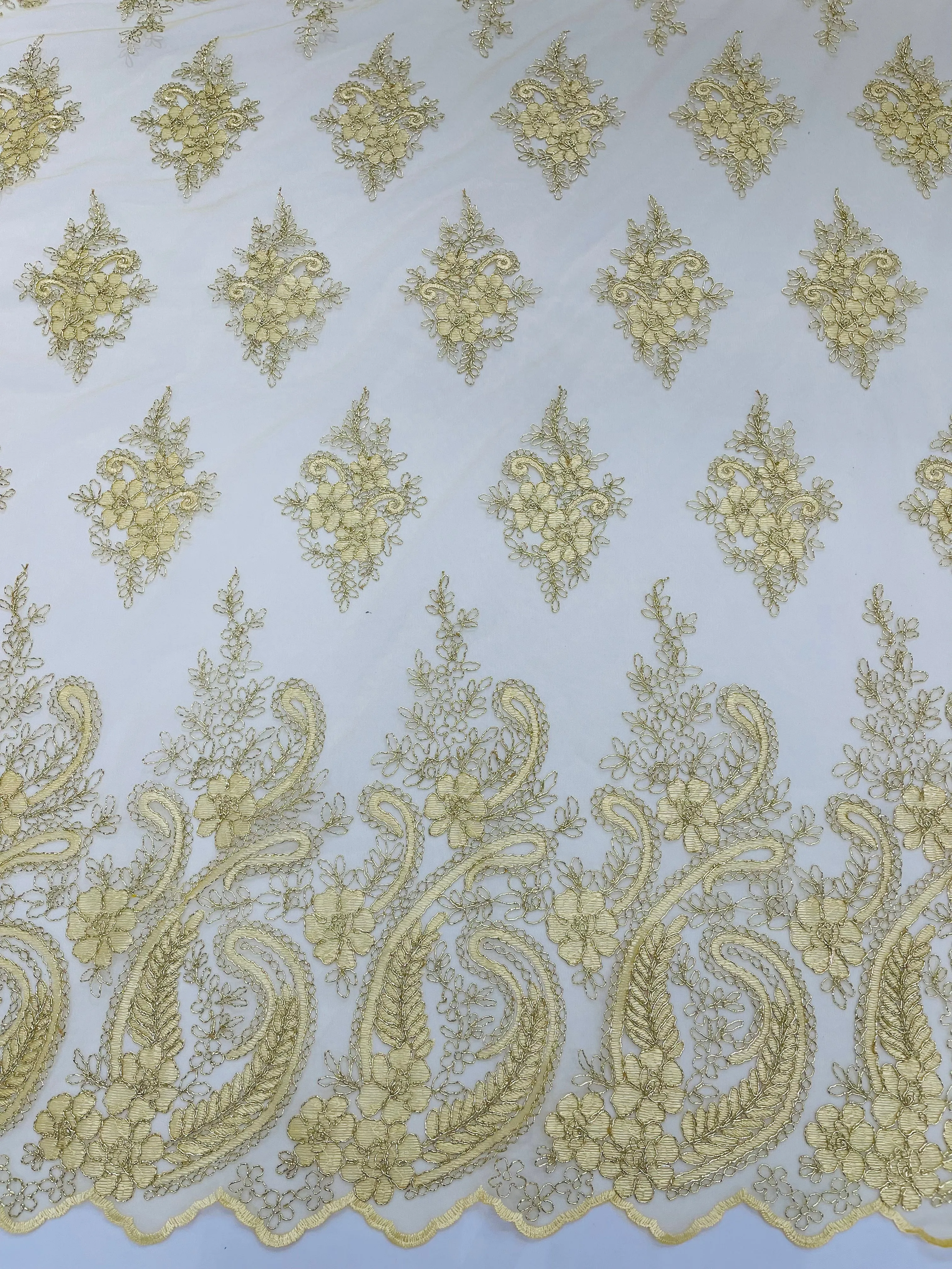 Metallic corded embroider flowers with Paisley design on a mesh lace fabric-prom