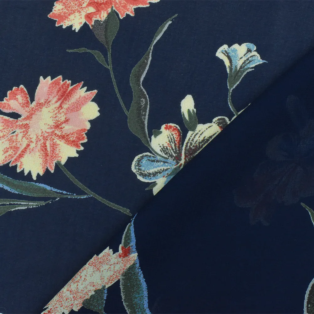 Navy Blue-Red-Multi Floral Printed Rayon Chiffon Woven Fabric