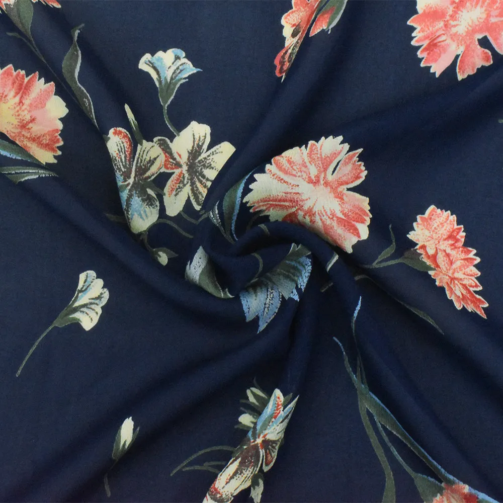 Navy Blue-Red-Multi Floral Printed Rayon Chiffon Woven Fabric