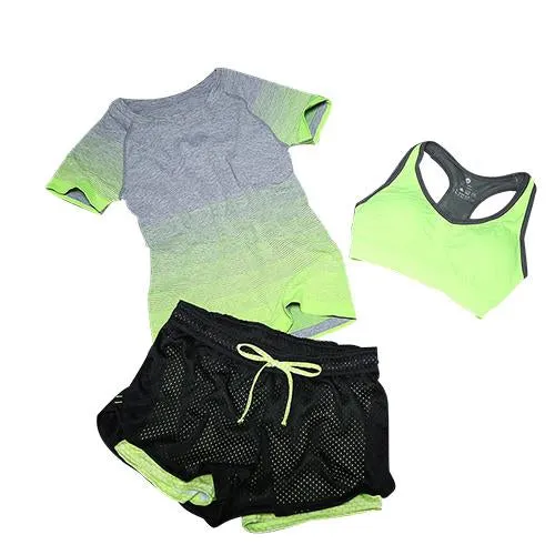 New Women Yoga Sport Suit Bra Set 3 Piece Female Short-sleeved Summer Sportswear Running Fitness Training Clothing