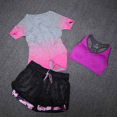 New Women Yoga Sport Suit Bra Set 3 Piece Female Short-sleeved Summer Sportswear Running Fitness Training Clothing