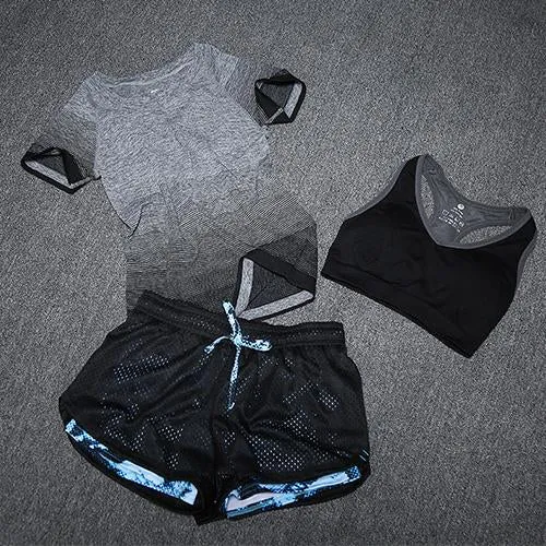 New Women Yoga Sport Suit Bra Set 3 Piece Female Short-sleeved Summer Sportswear Running Fitness Training Clothing
