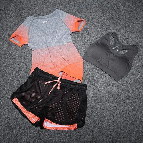 New Women Yoga Sport Suit Bra Set 3 Piece Female Short-sleeved Summer Sportswear Running Fitness Training Clothing