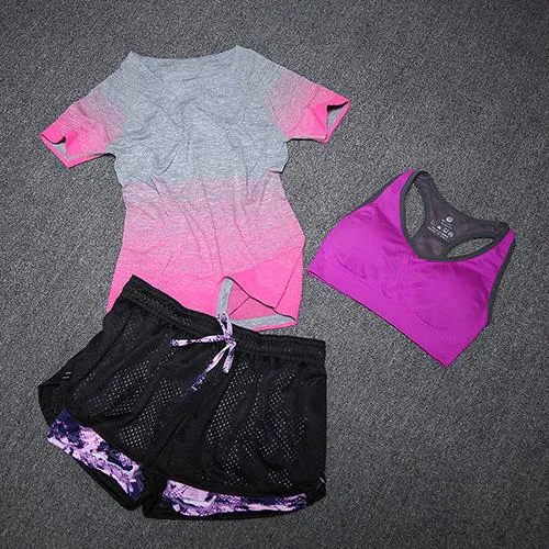 New Women Yoga Sport Suit Bra Set 3 Piece Female Short-sleeved Summer Sportswear Running Fitness Training Clothing