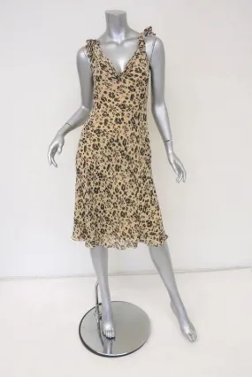 Ralph Lauren Blue Label Dress Beige/Black Floral Print Silk Size 6 Tie-Shoulder