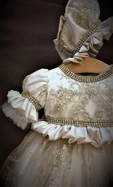 Sabrina Girls Regal Couture Christening / Baptism  Gown champagne lace,orster satin & rhinestone