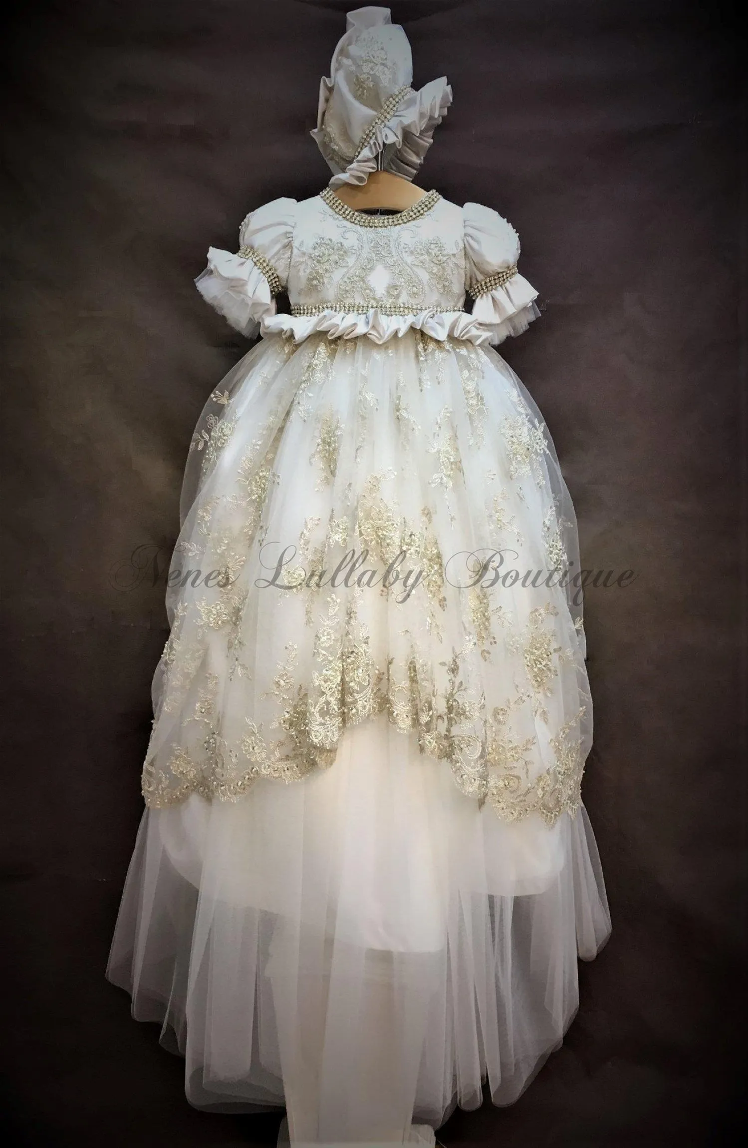Sabrina Girls Regal Couture Christening / Baptism  Gown champagne lace,orster satin & rhinestone
