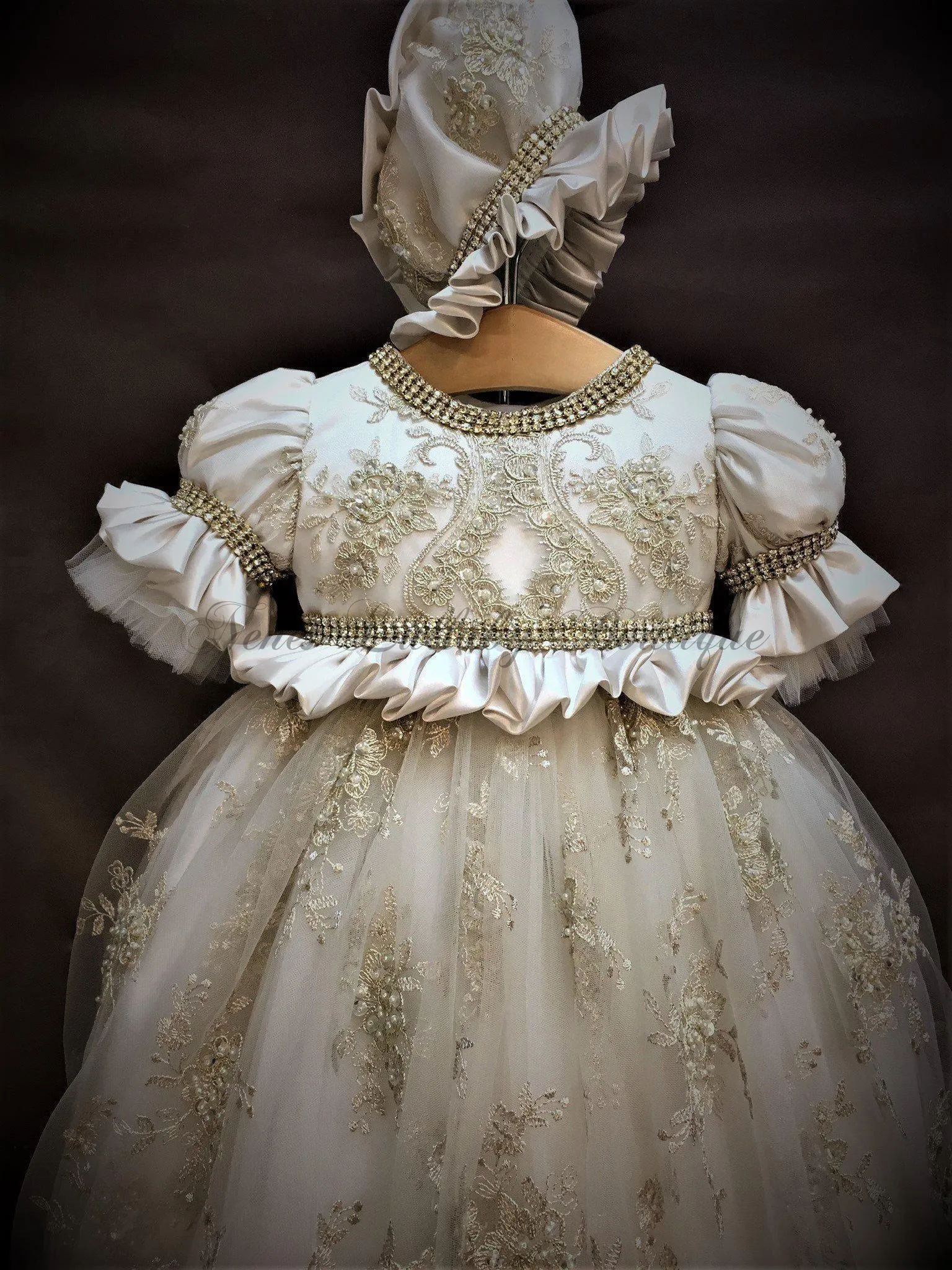 Sabrina Girls Regal Couture Christening / Baptism  Gown champagne lace,orster satin & rhinestone