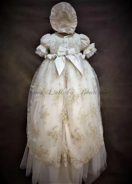 Sabrina Girls Regal Couture Christening / Baptism  Gown champagne lace,orster satin & rhinestone
