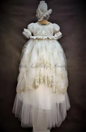 Sabrina Girls Regal Couture Christening / Baptism  Gown champagne lace,orster satin & rhinestone