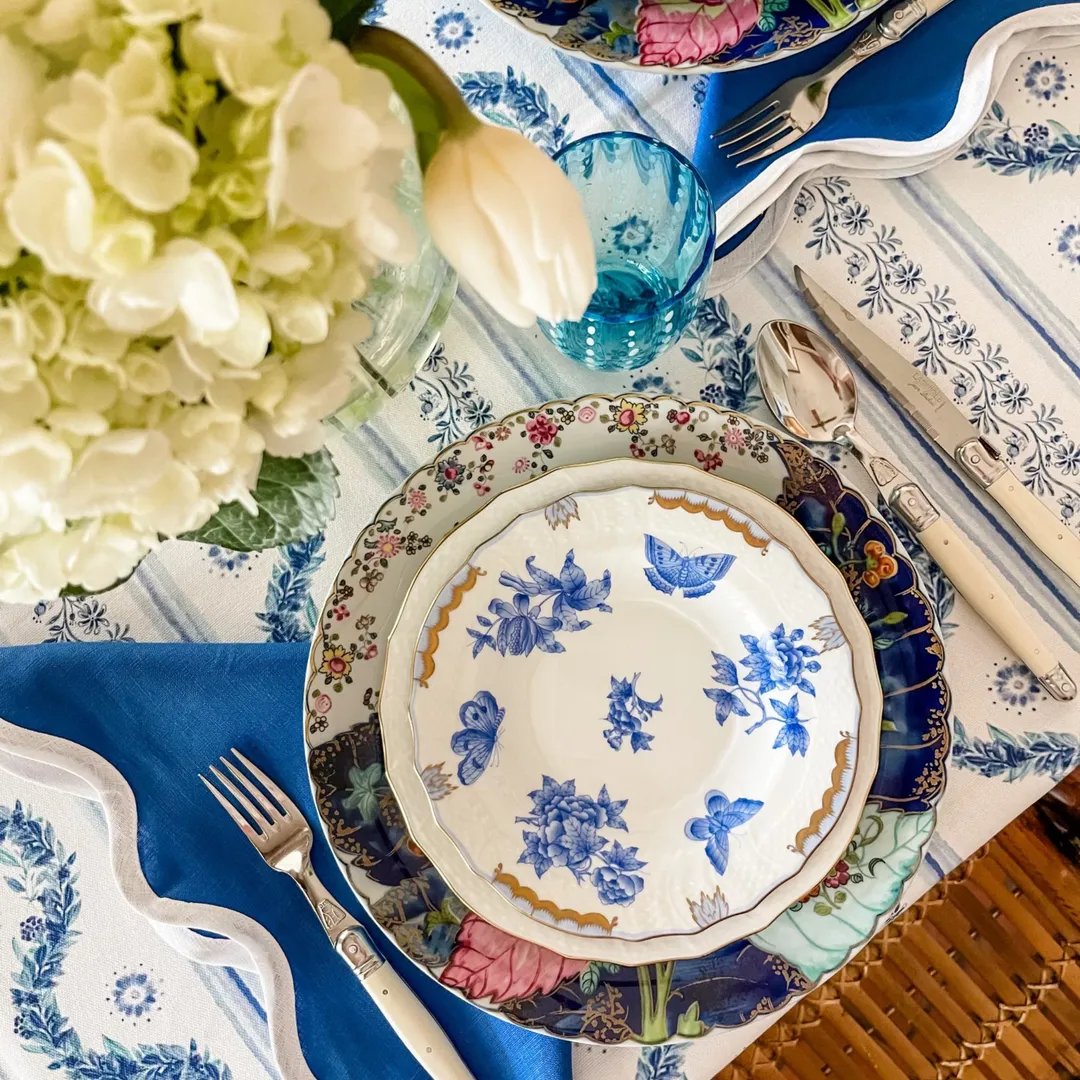 Set of Four French Blue Scalloped Square Table Linens - BARGAIN BASEMENT ITEM
