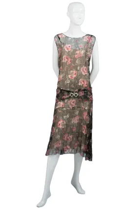 Silk chiffon 1920s beaded vintage dress with rhinestone sash buckle SOLD