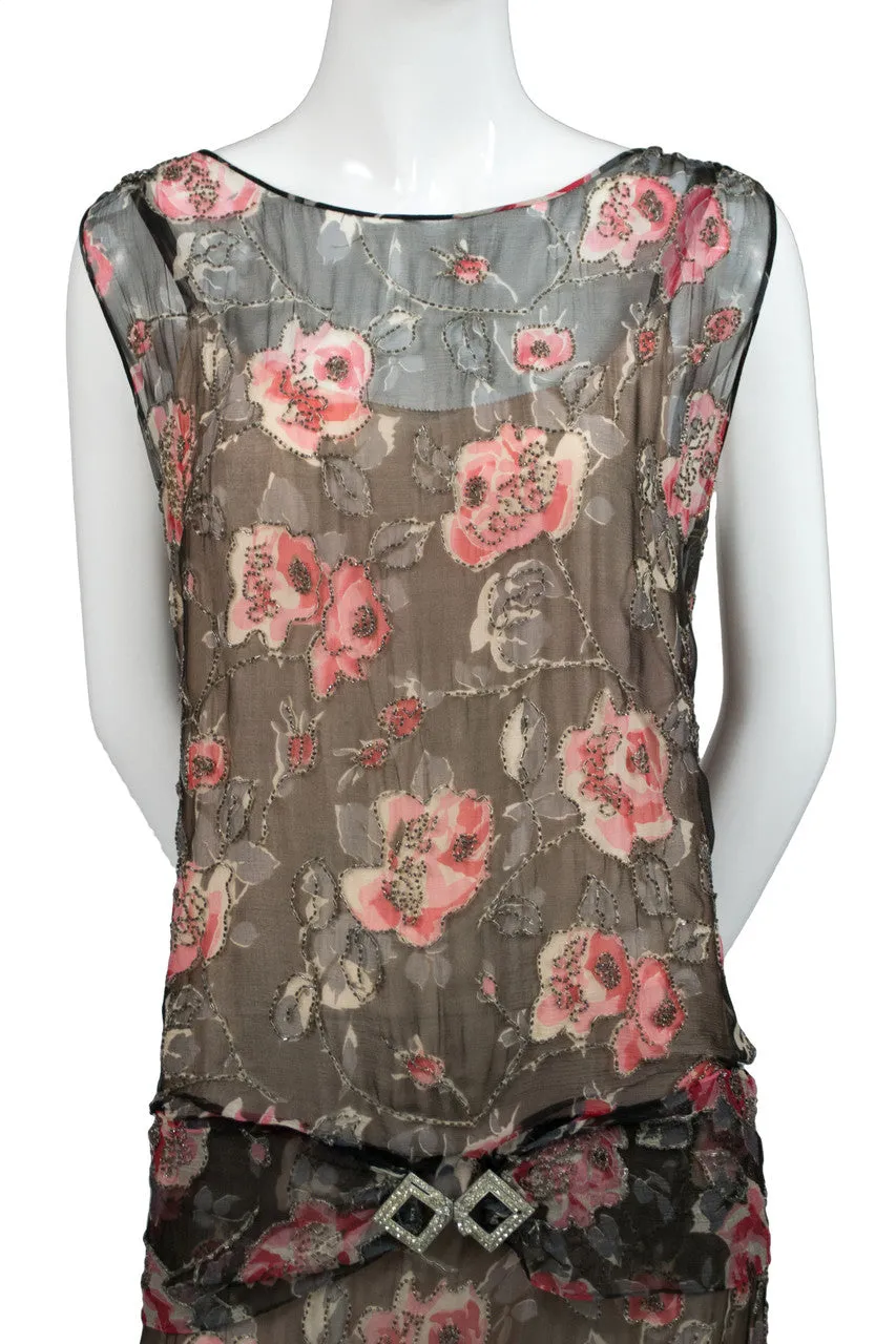 Silk chiffon 1920s beaded vintage dress with rhinestone sash buckle SOLD