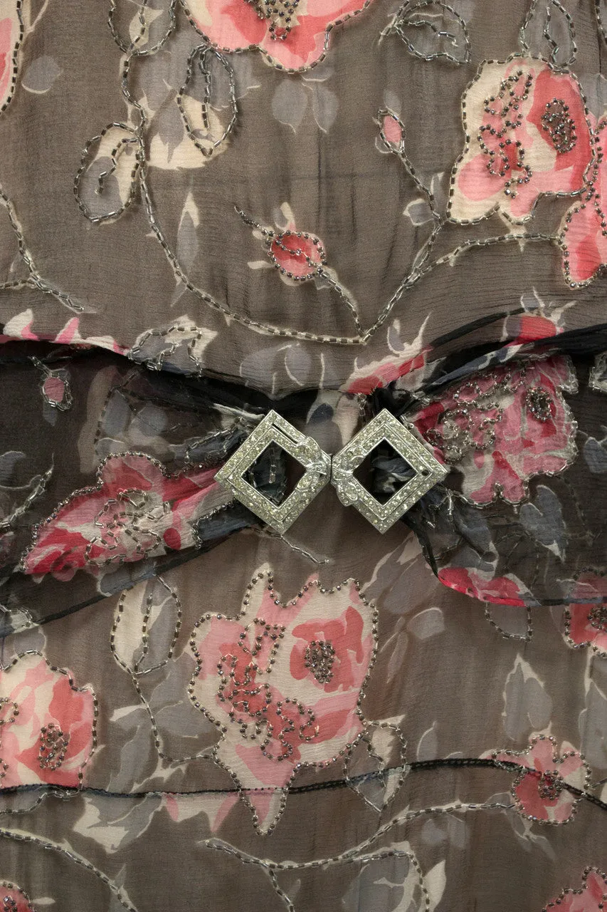 Silk chiffon 1920s beaded vintage dress with rhinestone sash buckle SOLD