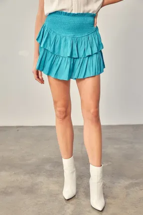 Turquoise Smocked Ruffle Skirt With Shorts - MS