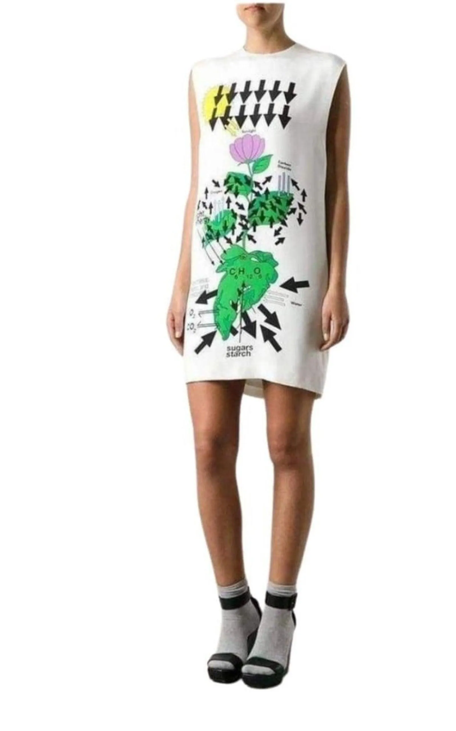 White Silk Botanical Diagram Dress