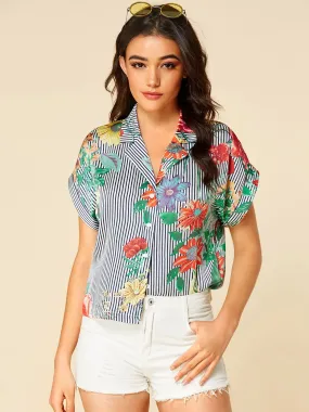Wholesale Lapel Collar Stripe Floral Print Short Sleeve Blouses