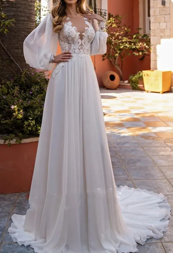 Willow Lace Applique/Chiffon Boho Wedding Gown All Sizes/Colors