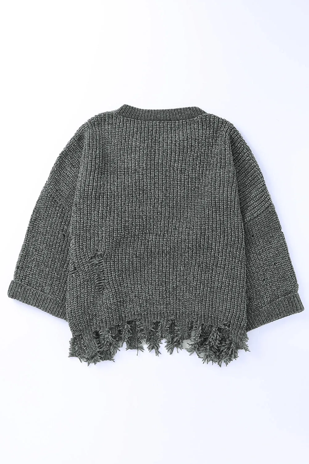 Women Gray Ripped Raw Hem Pullovers Chunky Knit Horn Sleeve Sweater