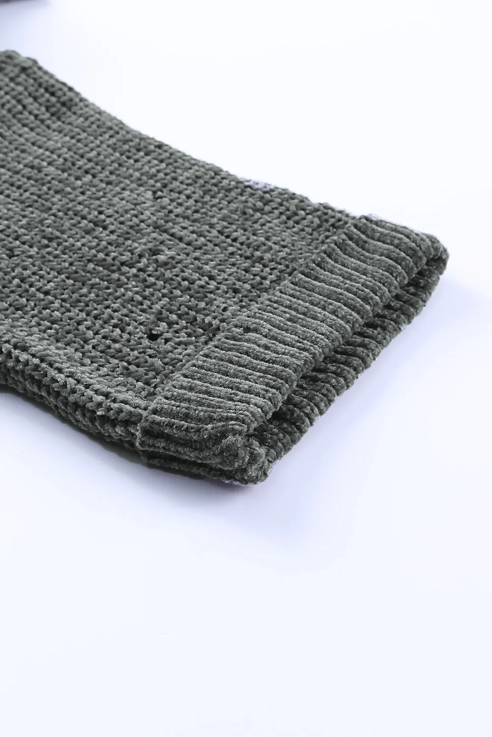 Women Gray Ripped Raw Hem Pullovers Chunky Knit Horn Sleeve Sweater