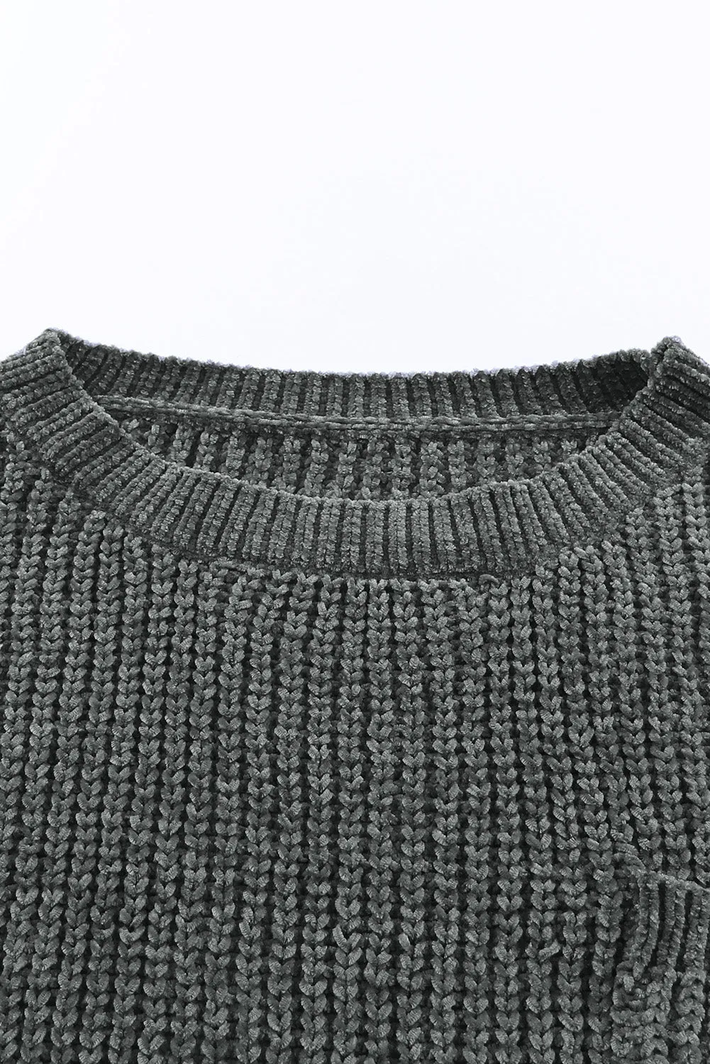 Women Gray Ripped Raw Hem Pullovers Chunky Knit Horn Sleeve Sweater