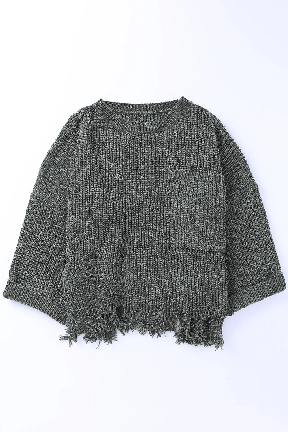 Women Gray Ripped Raw Hem Pullovers Chunky Knit Horn Sleeve Sweater