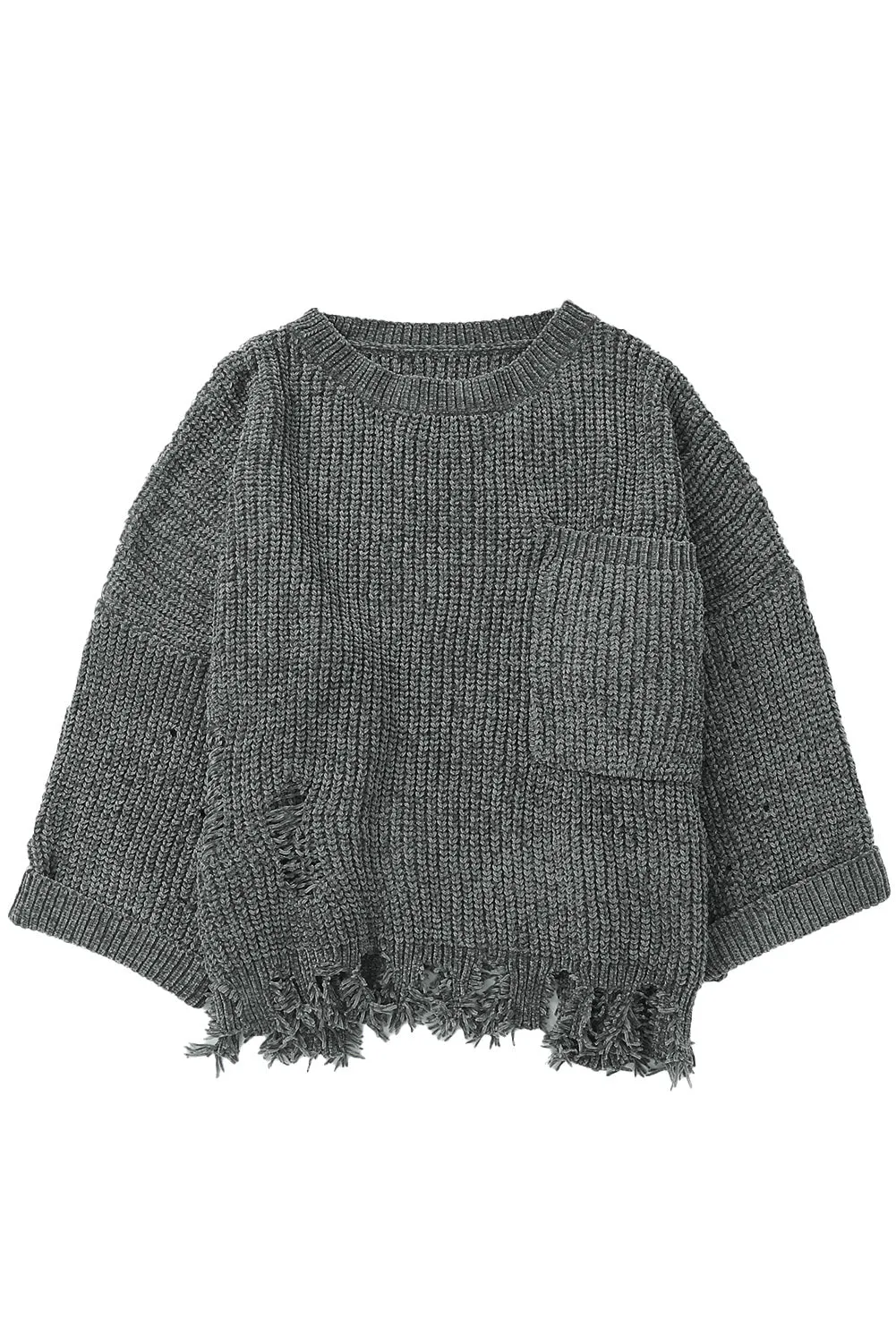 Women Gray Ripped Raw Hem Pullovers Chunky Knit Horn Sleeve Sweater