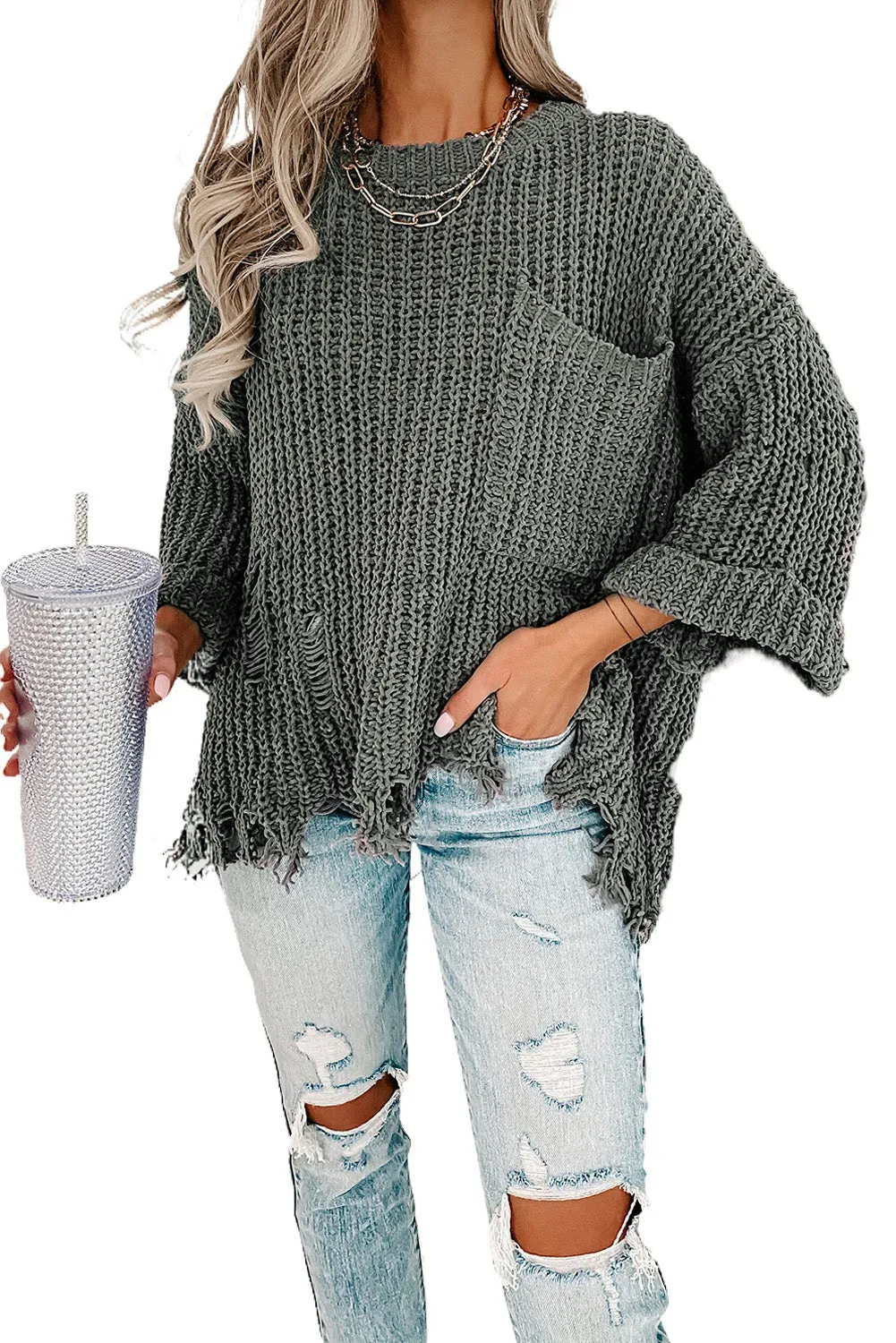 Women Gray Ripped Raw Hem Pullovers Chunky Knit Horn Sleeve Sweater
