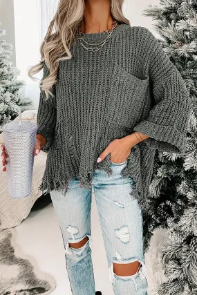 Women Gray Ripped Raw Hem Pullovers Chunky Knit Horn Sleeve Sweater