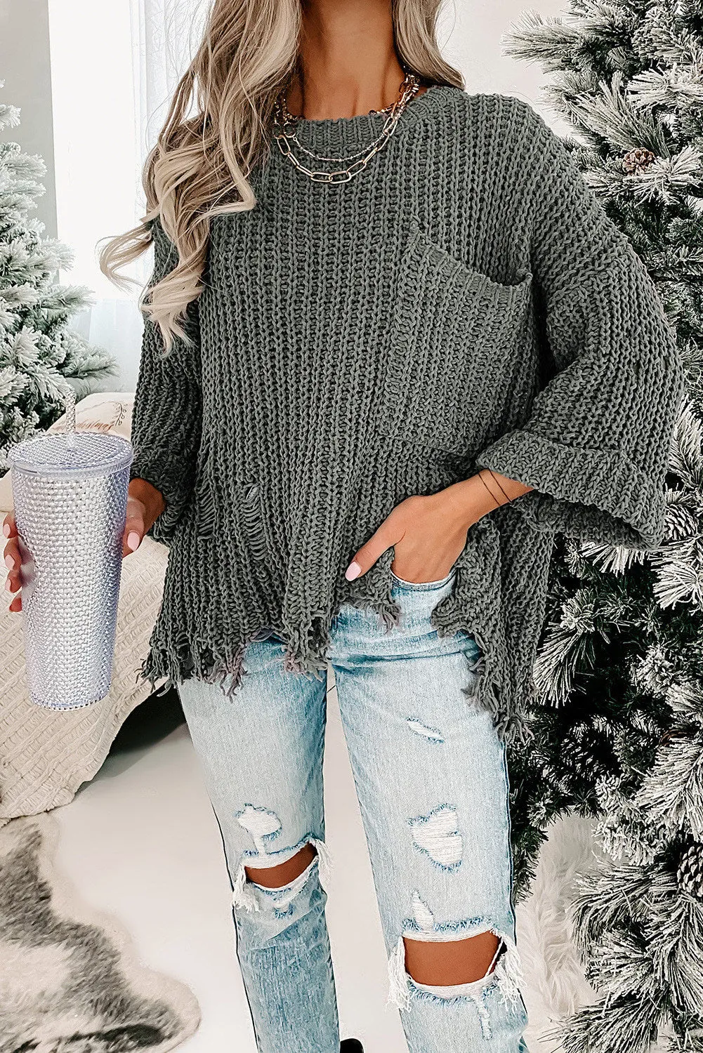 Women Gray Ripped Raw Hem Pullovers Chunky Knit Horn Sleeve Sweater